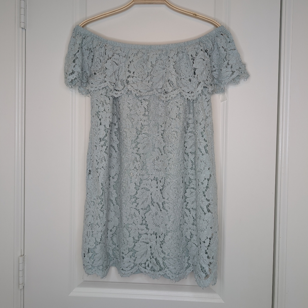 Forever 21 Light Blue Lace Off-Shoulder Mini Dress